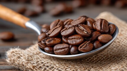 Fototapeta premium An antique spoon filled with fresh coffee beans evokes feelings of warmth and familiarity, illustrating the beauty and simplicity of daily coffee rituals and their cultural significance.
