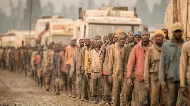 Long Line of African Workers Standing in Front of Trucks, Depicting Labor, Poverty, and Resource Extraction in a Developing Country
