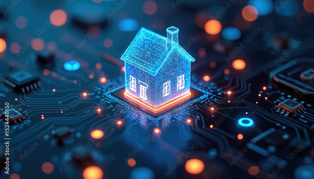 Poster Glowing house icon on circuit board, representing smart home tech, automation. Image features futuristic design with digital connection, illustrating modern tech innovation. Focus on security system,