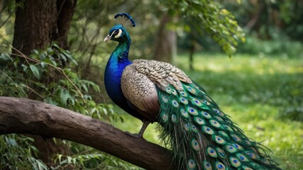 Peacock perched on a branch in a lush garden