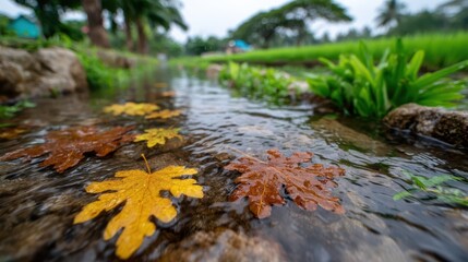 Obraz premium Capture the essence of autumn with this striking image of colorful leaves floating on a gentle stream in a lush and vibrant natural setting filled with greenery.