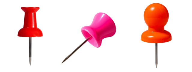 Three colorful push pins isolated on transparent background