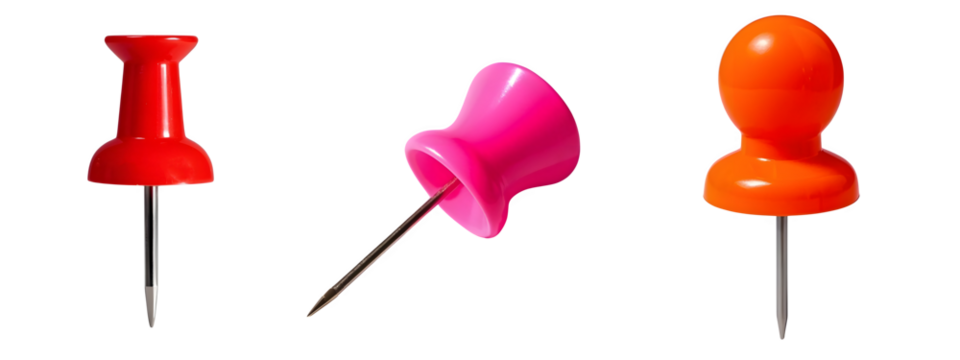 Three colorful push pins isolated on transparent background