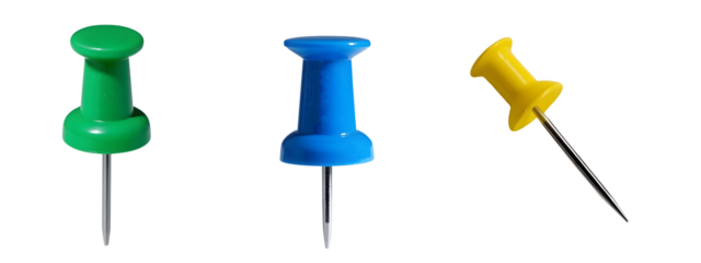 Three colorful thumbtacks Pushpin isolated on transparent background