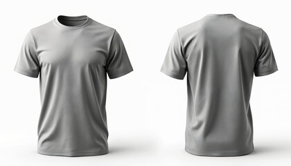 Gray t-shirt mockup front and back views. Plain tee simple apparel clothing fashion template design for product presentations. Casual wear unisex shirt design concept for advertising and branding.