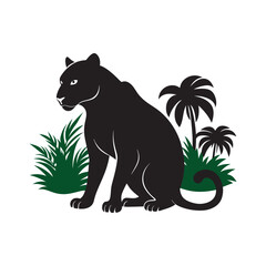 Panther Crouched In Dense Jungle