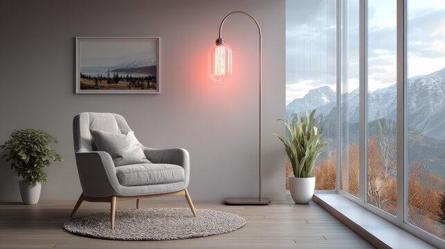 A inviting reading nook with a stylish chair, artistic lamp, and serene mountain view, creating an ideal environment for relaxation and enjoyable leisure activities.