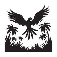 Parrot Flying In Tropical Jungle Silhouette Vector