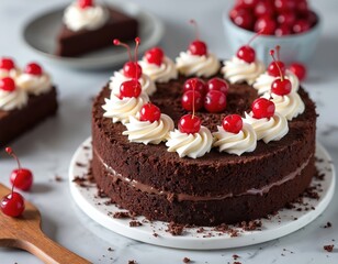 Black forest cake with cherries and whipped cream. Delicious sweet dessert on plate. Tasty Schwarzwald pie piece closeup. Bakery, food concept for cafe menu, promo materials.