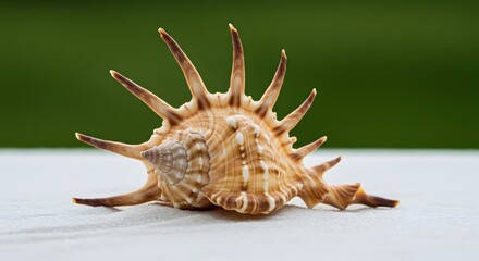 Obraz premium Exotic Seashell with Spikes on White Surface - Ocean Beach Seashell
