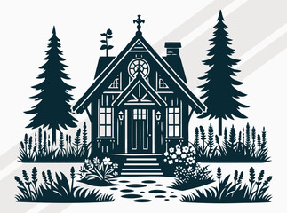 Obraz premium Cozy Stone Cottage with Arched Window and Lush Garden Path