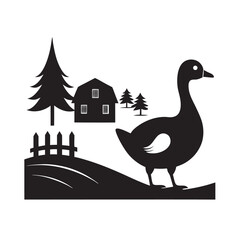 Goose Walking Beside Farm Pond Silhouette Vector Illustration