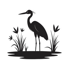 Heron Standing In Still Marsh Silhouette Vector Illustration