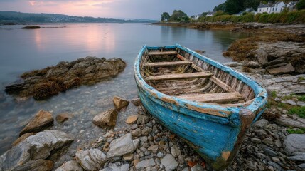 Obraz premium This weathered blue fishing boat sits gracefully on a rocky beach, capturing the essence of serenity and nostalgia as the sun sets glowing on the horizon.