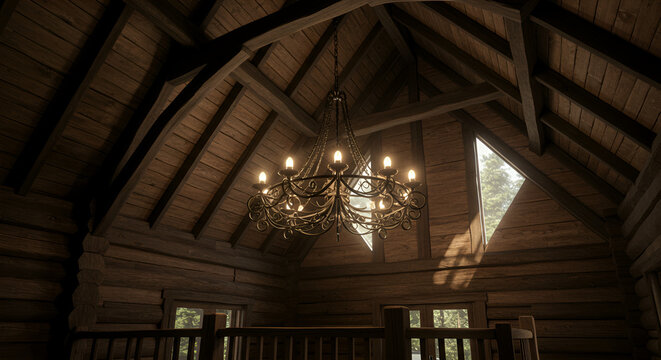 “Interior with log cabin-style wooden walls and a pitched ceiling made of exposed wooden beams, with a wrought-iron chandelier.”