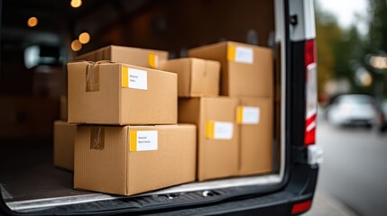 A collection of cardboard boxes marked with shipping labels, awaiting transport in a delivery van, representing the efficiency of goods distribution and modern commerce.