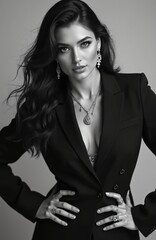 Beautiful brunette woman wearing jewelry portrait. Model in elegant black suit, earrings, rings and necklace. Fashion glamour pose in studio setting. Luxury accessories, jewelry, make-up.