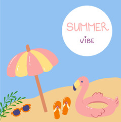 Summer vibe background illustration. Set of summer elements with flamingo, umbrella and sunglasses.