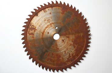 Close-up of rusty circular saw blade on white background. Detail of metal saw, sharp teeth. Industrial tool for cutting wood construction. Saw blade isolated.