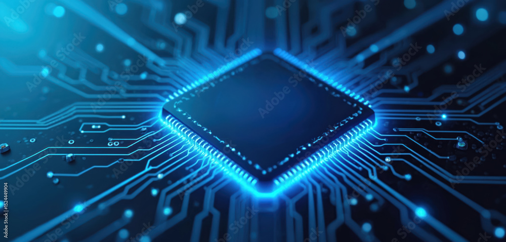 Poster Illustration of a high-tech computer microchip, central processing unit. Futuristic blue circuit board, data flow lines, glowing neon light. Tech concept, digital innovation, IT industry, AI.