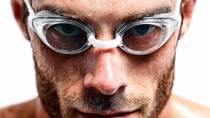 Close-Up Portrait of a Swimmer Wearing Goggles Against White Background