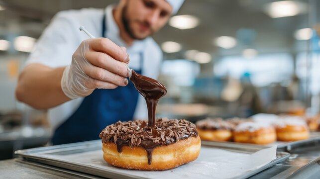 A baker carefully adds chocolate shavings to a decadent donut, illustrating the attention to detail that elevates this sweet treat into an artistic confectionery masterpiece.