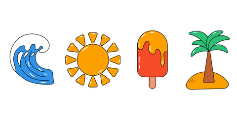 Summer cartoon elements in retro style. Palm, ice cream, wave and sun.