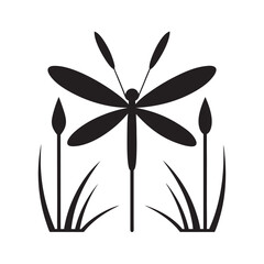 Dragonfly Hovering Above Pond Reeds Vector Silhouette