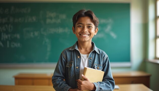 Smiling indian student stands near classroom blackboard. Young boy holds book, dressed casually in denim shirt. Education, school study concept. Happy face, positive emotions.