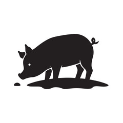 Pig Sniffing The Muddy Ground Vector Silhouette Illustration
