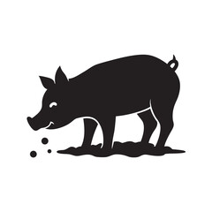Pig Sniffing The Muddy Ground Vector Silhouette