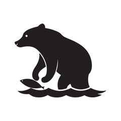 Bear Catching Fish In River Silhouette Vector