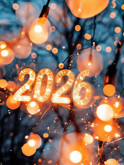 The glowing 2026 floats among warm string lights and bokeh sparkles against a dreamy, twilight blue trees background, capturing a cozy and enchanting New Years Eve celebration.
