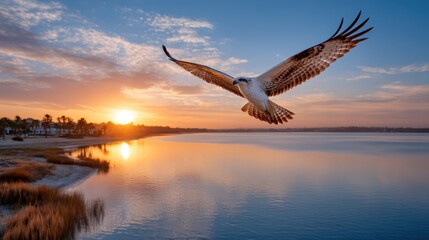 Naklejka premium An osprey majestically flies against the backdrop of a stunning sunrise, capturing a moment of adventure and beauty that reflects on the calm waters below.