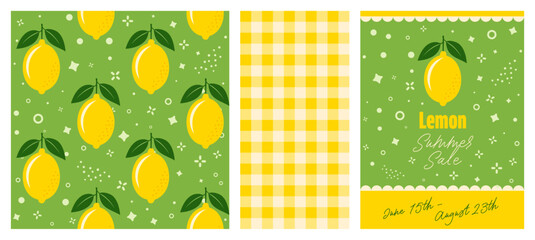 Set of Lemon themed designs, Fresh yellow Lemons with Leaves Seamless Vector Pattern and Gingham Pattern Background, Perfect for textiles, wallpapers, packaging, and summer design themes.