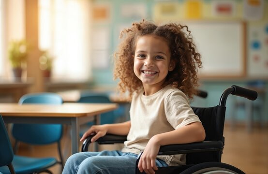 Young girl with disability smiles cheerfully sitting in wheelchair at school. Happy diverse child at learning center, studying, inclusivity. Portrait of smiling student, accessibility, inclusive