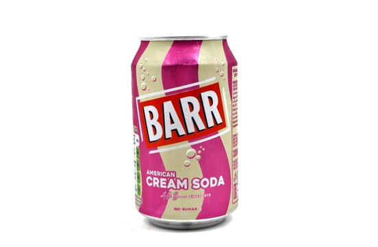 Photo of a Barr American cream soda can, a UK-made soft drink inspired by classic U.S. vanilla sodas, known for its sweet, creamy flavor and retro appeal.