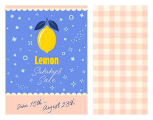 Set of Lemon themed designs, Fresh yellow Lemons with Leaves Seamless Vector Pattern and Gingham Pattern Background, Perfect for textiles, wallpapers, packaging, and summer design themes.