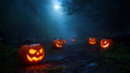 Enchanted Forest Path Spooky Halloween Jack-o'-lanterns Glowing in the Night