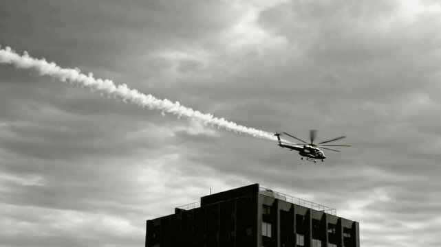 4K Slow Motion Black & White UHD Video Of A Helicopter Performing A Mission Avoiding An RPG