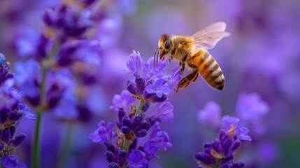 Bees gather nectar from blooming lavender plants in a lush garden. The bright purple flowers create a colorful backdrop as pollinators work diligently in warm summer sunlight