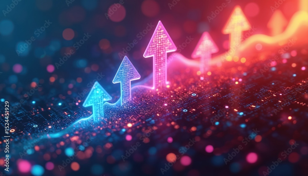 Poster neon arrows pointing upwards over digital code data, representing growth. illustration depicts innov