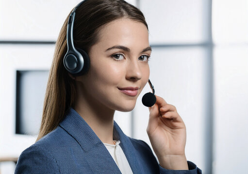 Call center support portrait brunete smiling
