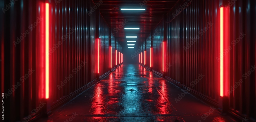 Poster futuristic corridor with red, blue neon lights. dark environment with glowing reflections on wet flo