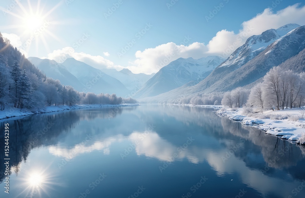 Poster winter landscape with snow-covered trees mountains reflecting water. serene nature scene captures so