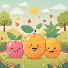 Whimsical Fruits with Faces Illustration