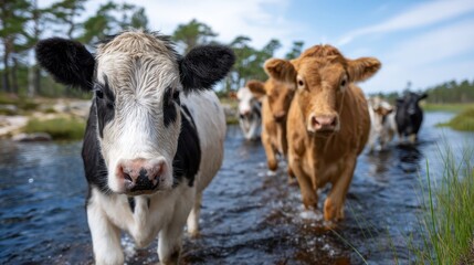 A group of cows crosses a shallow water area, with their reflections visible, capturing a moment of rural life and harmony with nature in a tranquil setting.