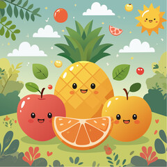 Whimsical Fruits with Faces Illustration