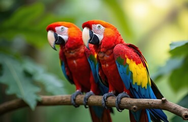 Obraz premium Two vibrant macaws perched tropical branch. Colourful parrots with red orange yellow blue feather plumage. Exotic birds in nature. Wildlife beauty. Tropical rainforest, amazon, jungle concept.