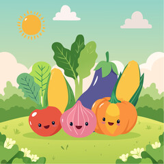 Cute Vegetables with Faces Illustration
